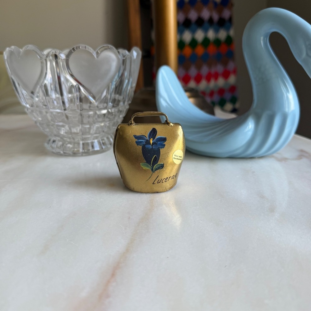 Vintage Lucerne Switzerland Hand Painted Cow Bell Souvenir Gold Blue Floral 2"